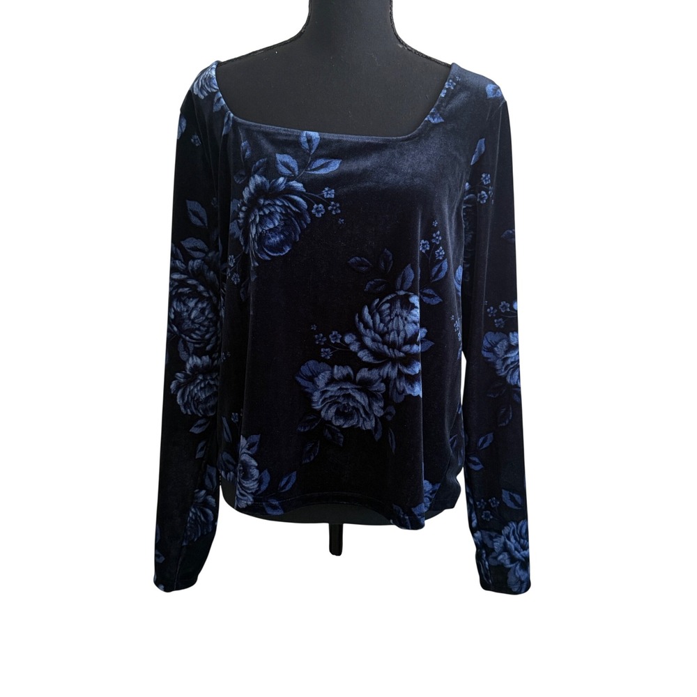 Old Navy Womens 2X Velvet Square Neck Top Blue Floral Whimsigoth Dark Boho